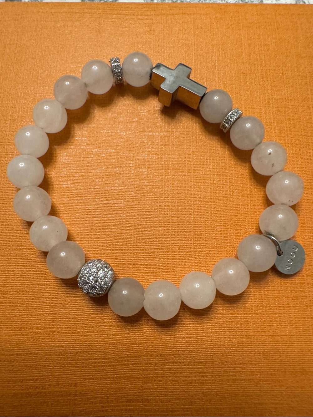 NOGU Silver Cross Rose Quartz Beaded Stretch Bracelet